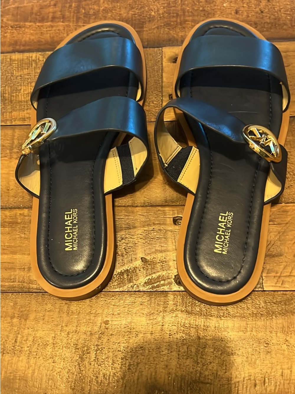 Michael Kors Navy Leather Slide Sandals with Gold Logo size 8.5